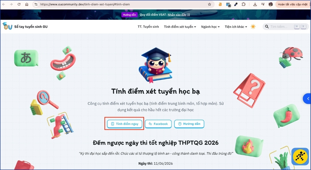 Nhấp vào đường link Tính điểm xét tuyển học bạ trên giao diện trang chủ