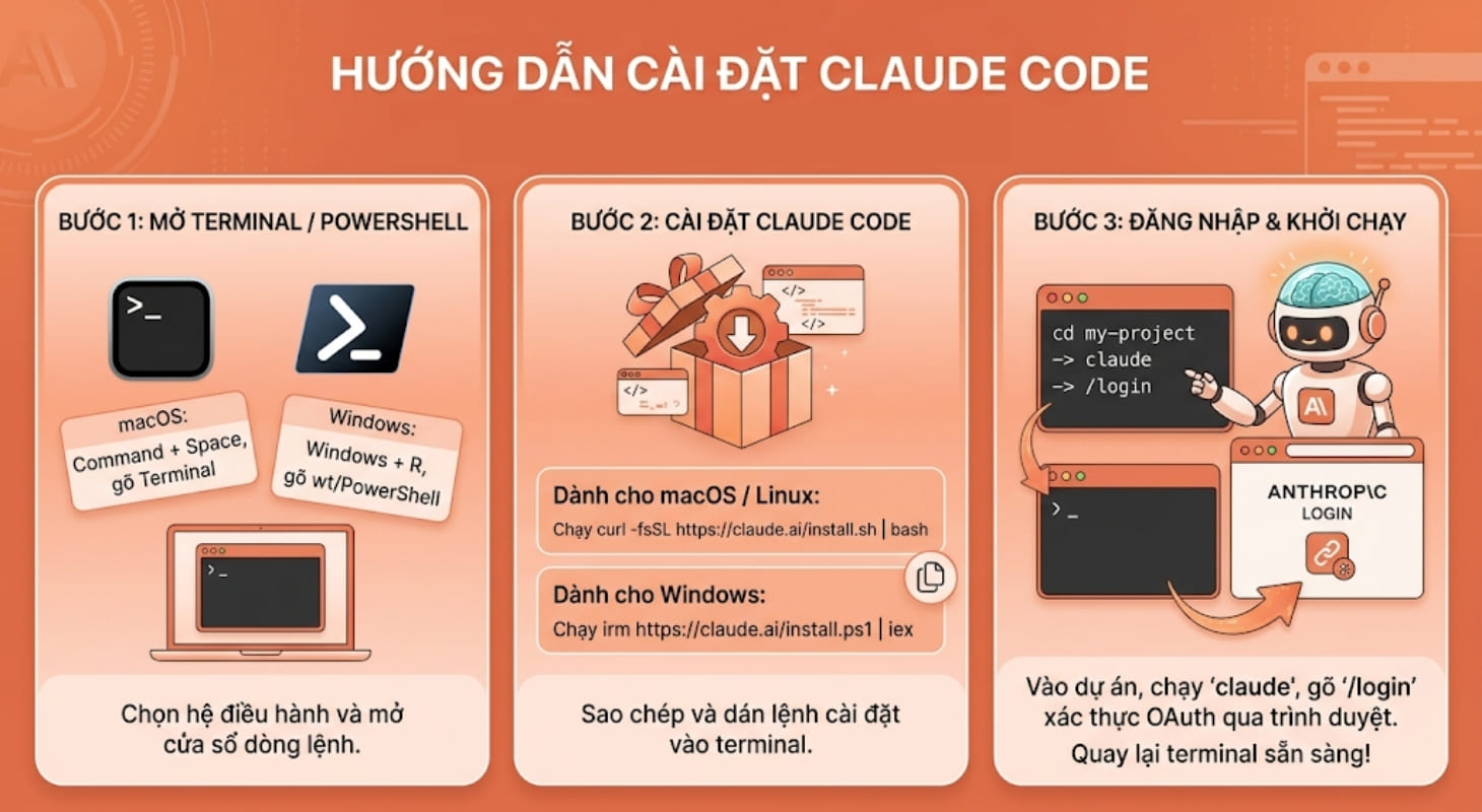 Các bước cài đặt Claude Code trên máy tính được tóm tắt lại