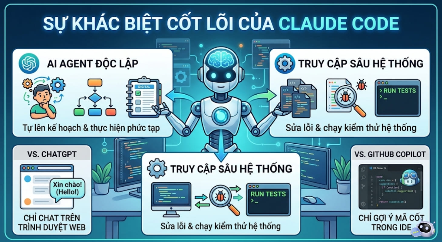 Những điểm khác biệt cốt lõi của Claude Code so với ChatGPT hay GitHub Copilot