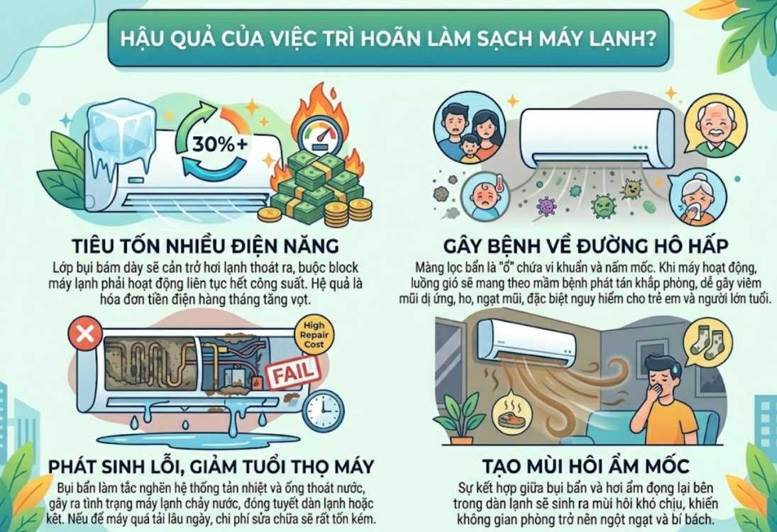 Rủi ro khi không vệ sinh máy lạnh định kỳ
