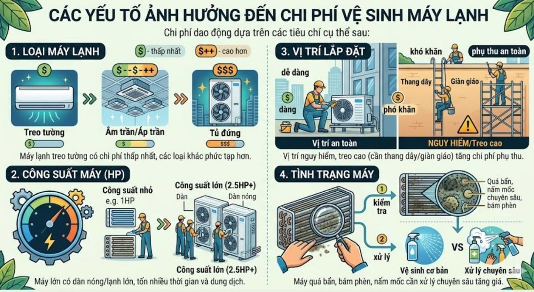 Chi phí vệ sinh máy lạnh phụ thuộc vào nhiều yếu tố