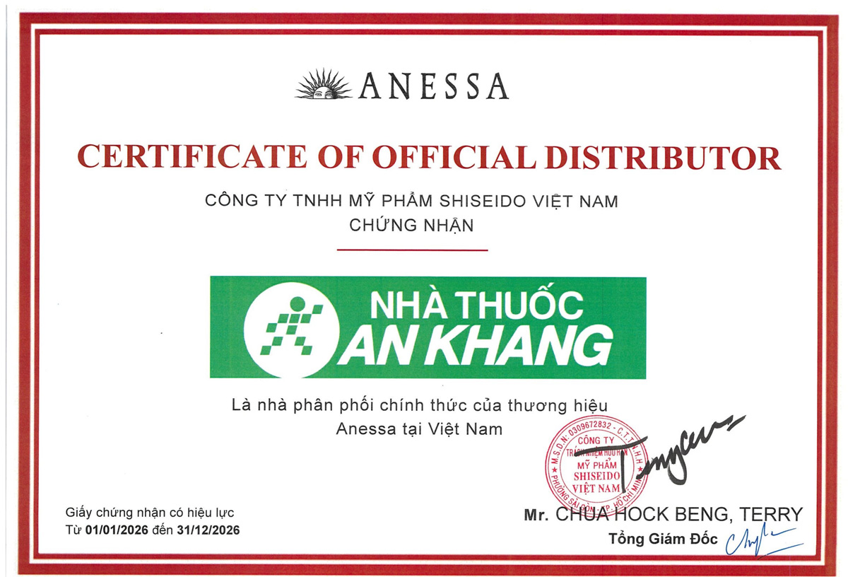 Nhà thuốc An Khang là đối tác phân phối chính thức sản phẩm ANESSA tại Việt Nam, được chứng nhận bởi Shiseido Việt Nam Nhà thuốc An Khang là đối tác phân phối chính thức sản phẩm ANESSA tại Việt Nam, được chứng nhận bởi Shiseido Việt Nam
