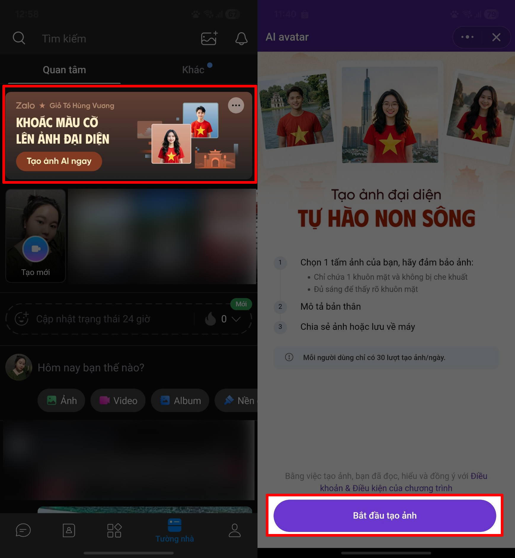 Cách tạo ảnh đại điện mang áo cờ Tổ quốc trên Zalo