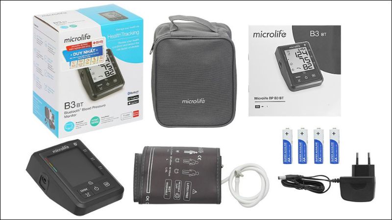 Trọn bộ sản phẩm máy đo huyết áp bắp tay Microlife B3 BT Trọn bộ sản phẩm máy đo huyết áp bắp tay Microlife B3 BT
