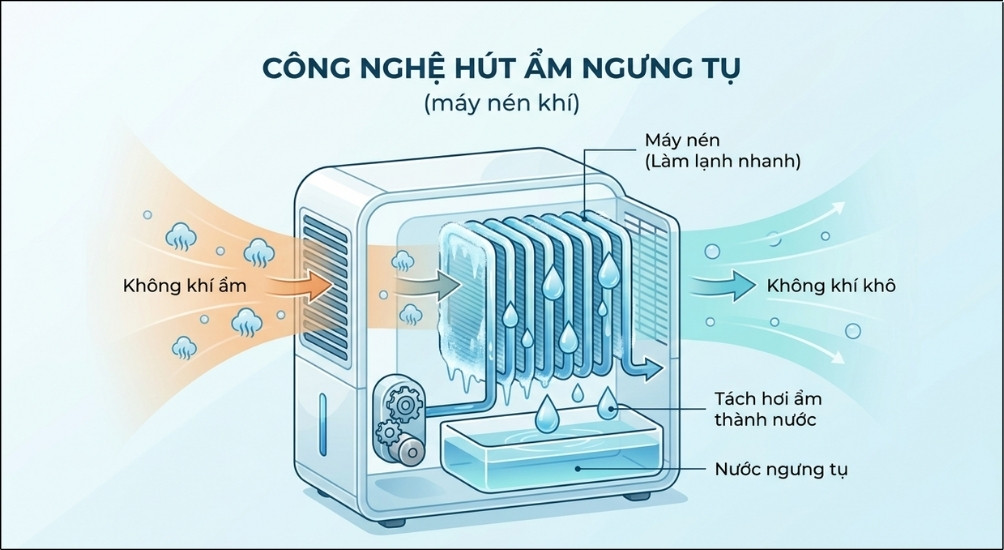 Công nghệ hút ẩm ngưng tụ sử dụng nguyên lý làm lạnh đột ngột để tách hơi nước ra khỏi không khí