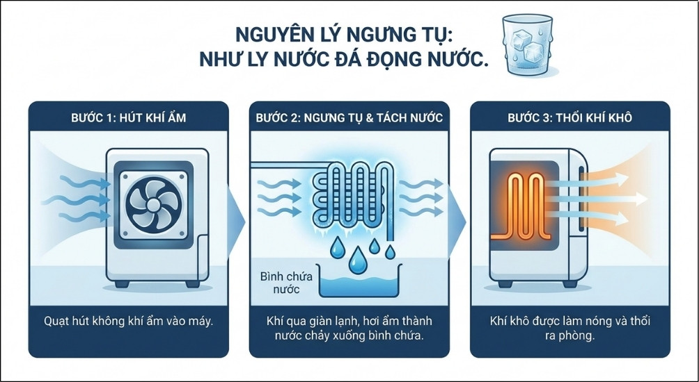 Nguyên lý hoạt động của máy hút ẩm ngưng tụ có thể hiểu đơn giản giống như hiện tượng nước đọng ngoài thành ly nước đá