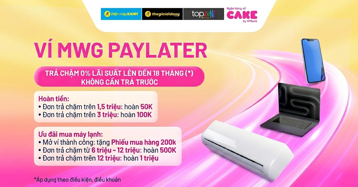 Mua trả chậm MWG PAYLATER: Ho&agrave;n 1 triệu, tặng PMH 200K