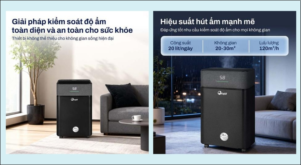 Máy hút ẩm FujiE được trang bị máy nén chất lượng cao, mang lại khả năng tách ẩm nhanh chóng