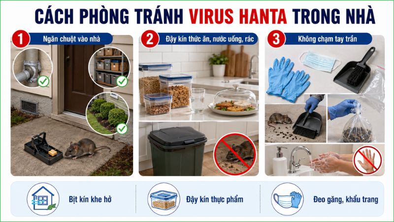 Ngăn chuột v&agrave;o nh&agrave;, kh&ocirc;ng chạm trực tiếp v&agrave;o chất thải chuột,...để ph&ograve;ng tr&aacute;nh l&acirc;y nhiễm virus Hanta