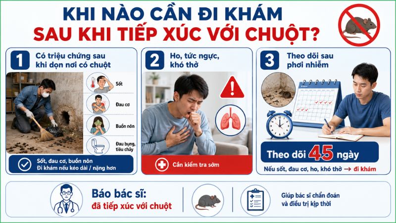 Khi c&oacute; c&aacute;c triệu chứng ho, tức ngực, kh&oacute; thở, sốt,... sau khi tiếp x&uacute;c với chuột n&ecirc;n đến cơ sở y tế v&agrave; th&ocirc;ng b&aacute;o nguy cơ l&acirc;y nhiễm