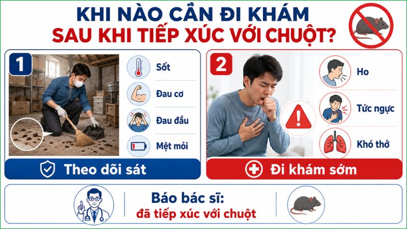 Khi c&oacute; c&aacute;c triệu chứng sốt, đau cơ, tức ngực,... sau khi tiếp x&uacute;c với chuột cần đến cơ sở y tế để được tư vấn 