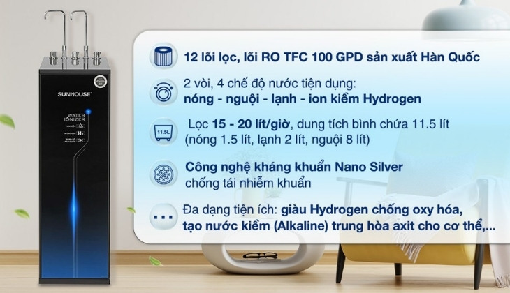 Máy lọc nước RO nóng nguội lạnh Hydrogen ion kiềm Sunhouse UltraX SHA76656LA 12 lõi mang đến nước sạch bảo vệ sức khoẻ Máy lọc nước RO nóng nguội lạnh Hydrogen ion kiềm Sunhouse UltraX SHA76656LA 12 lõi mang đến nước sạch bảo vệ sức khoẻ