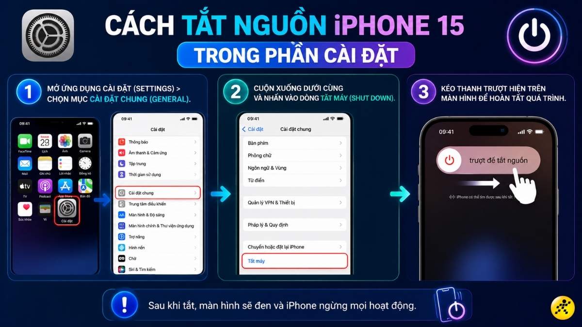 C&aacute;ch tắt nguồn iPhone 15 trong C&agrave;i đặt