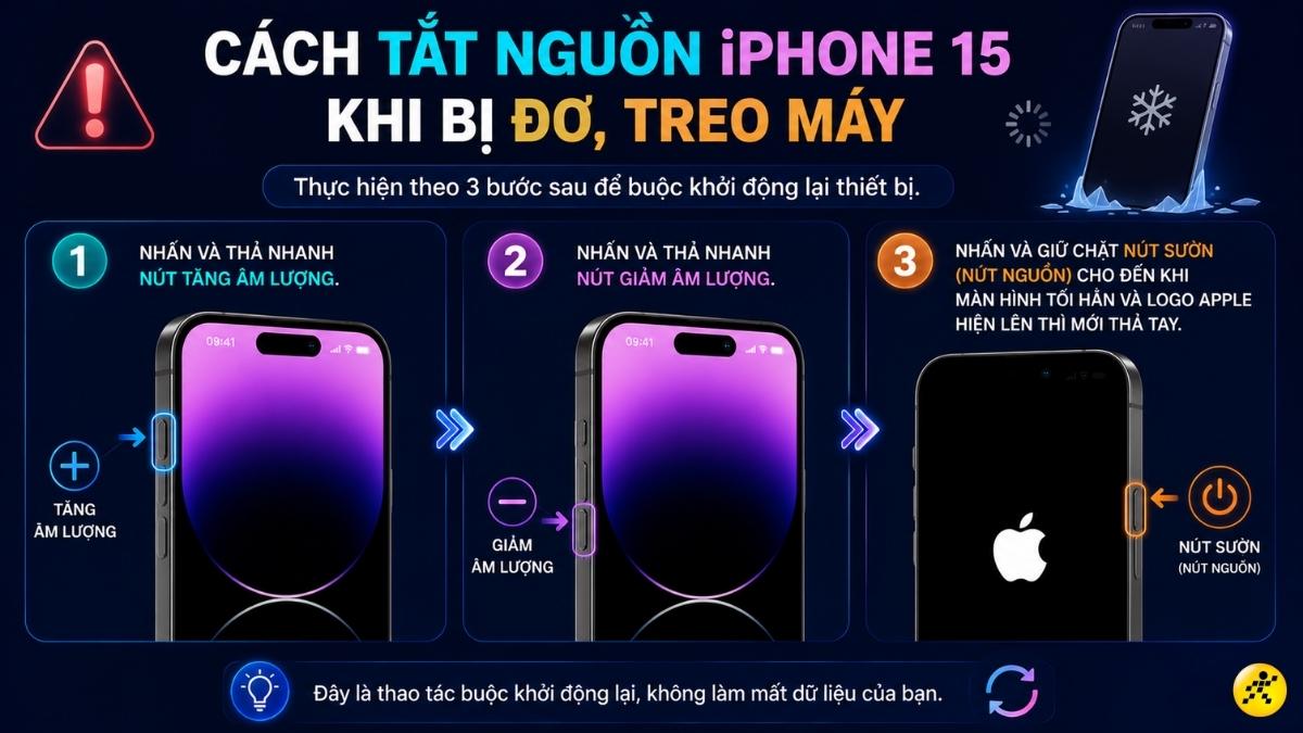 C&aacute;ch tắt nguồn iPhone 15 khi bị đơ, treo m&aacute;y