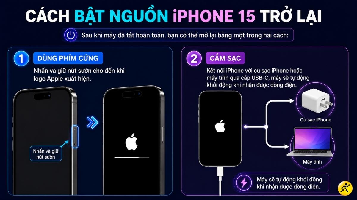 C&aacute;ch bật nguồn iPhone 15 trở lại