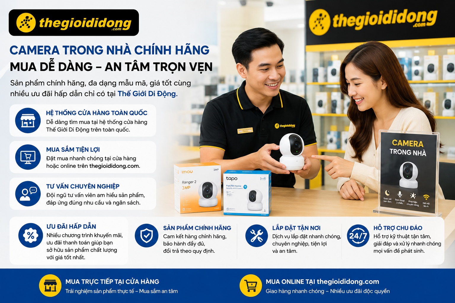 Mua camera trong nhà chính hãng tại TGDĐ ưu đã thanh toán, lắp đặt miễn phí Mua camera trong nhà chính hãng tại TGDĐ ưu đã thanh toán, lắp đặt miễn phí