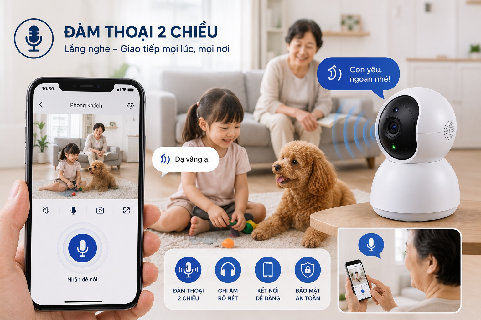 Camera có ghi âm và đàm thoại 2 chiều giúp giao tiếp dễ dàng hơn Camera có ghi âm và đàm thoại 2 chiều giúp giao tiếp dễ dàng hơn