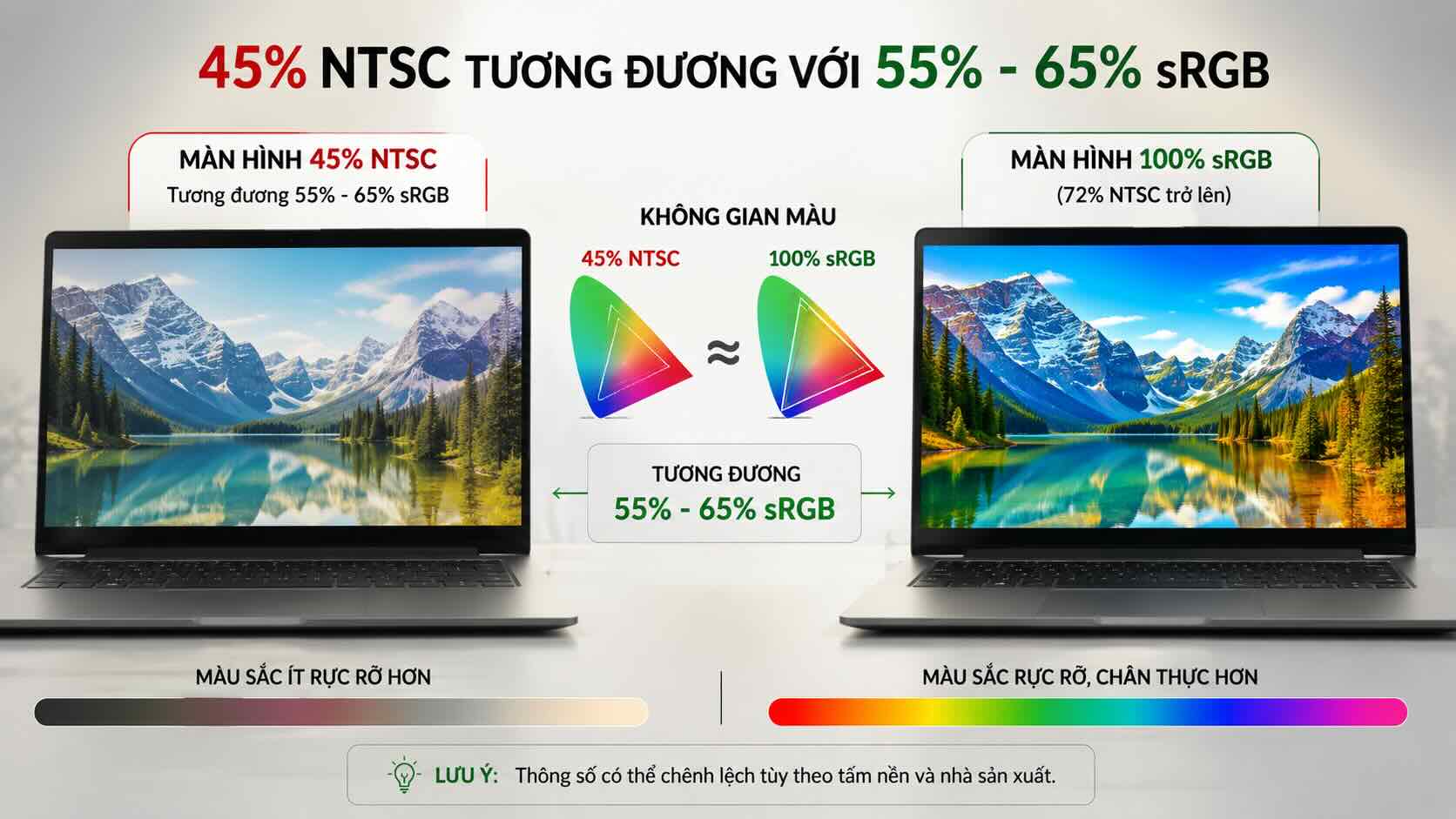 M&agrave;n h&igrave;nh 45% NTSC sẽ tương đương với khoảng 55% - 65% sRGB