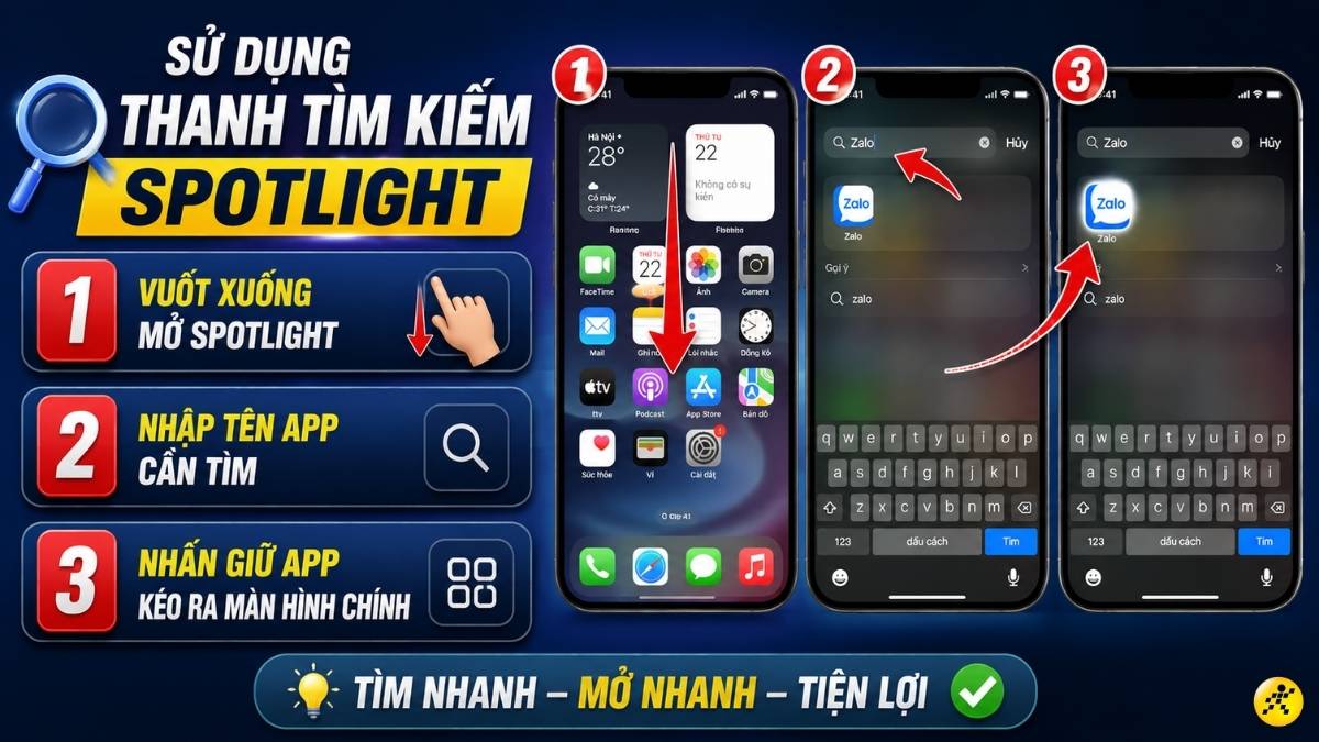 Đưa ứng dụng ra m&agrave;n h&igrave;nh bằng thanh t&igrave;m kiếm Spotlight