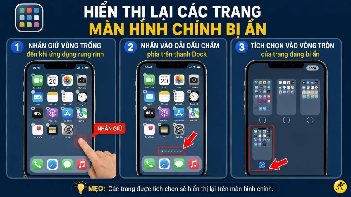 Hiển thị lại c&aacute;c trang m&agrave;n h&igrave;nh ch&iacute;nh bị ẩn