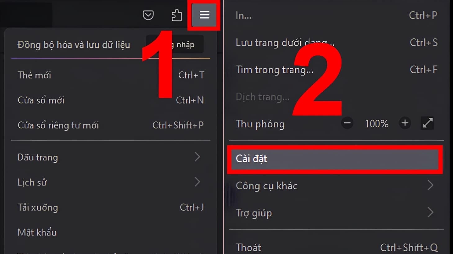Chọn Cài đặt trên Firefox Chọn Cài đặt trên Firefox