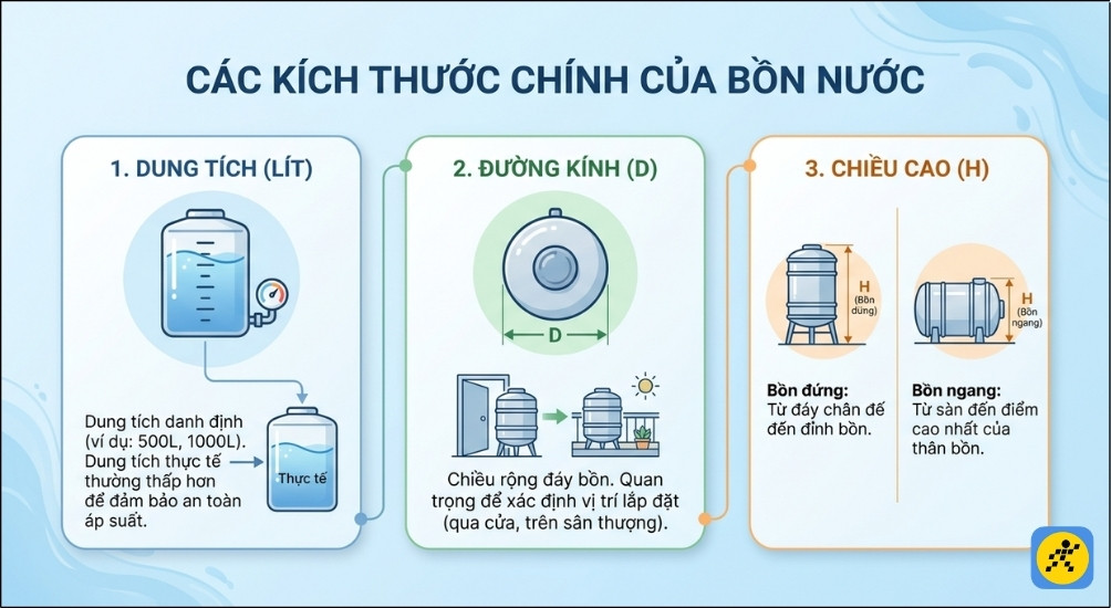 Các thông số kích thước chính của bồn nước