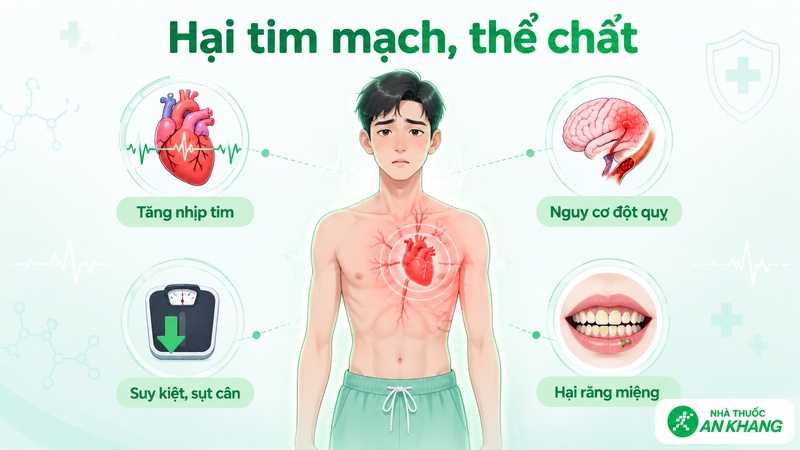 Ma túy đá có thể làm tăng nhịp tim, tăng huyết áp, gây suy kiệt cơ thể và ảnh hưởng sức khỏe tổng thể Ma túy đá có thể làm tăng nhịp tim, tăng huyết áp, gây suy kiệt cơ thể và ảnh hưởng sức khỏe tổng thể