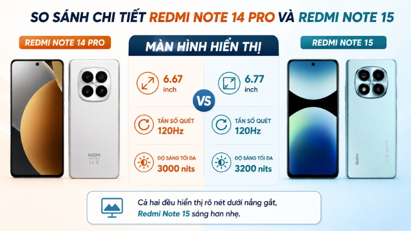 So s&aacute;nh m&agrave;n h&igrave;nh Redmi Note 14 Pro v&agrave; Redmi Note 15
