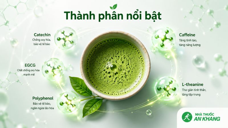 Matcha chứa catechin, EGCG, polyphenol, caffeine v&agrave; L-theanine - những th&agrave;nh phần tạo n&ecirc;n đặc điểm nổi bật của loại bột tr&agrave; xanh n&agrave;y