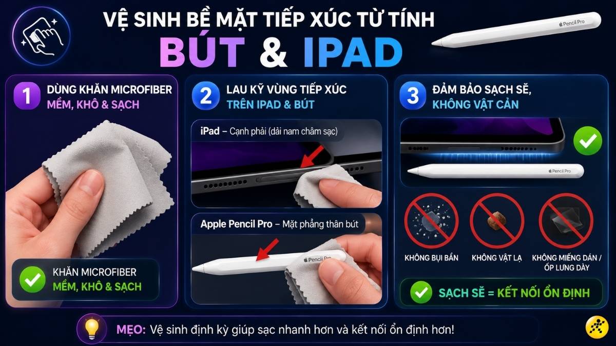 Vệ sinh bề mặt tiếp xúc từ tính của bút và iPad Vệ sinh bề mặt tiếp xúc từ tính của bút và iPad