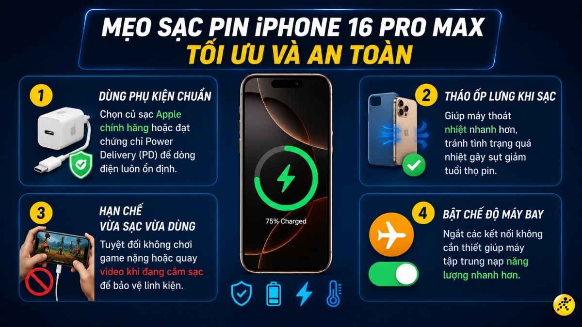 Mẹo sạc pin iPhone 16 Pro Max tối ưu v&agrave; an to&agrave;n