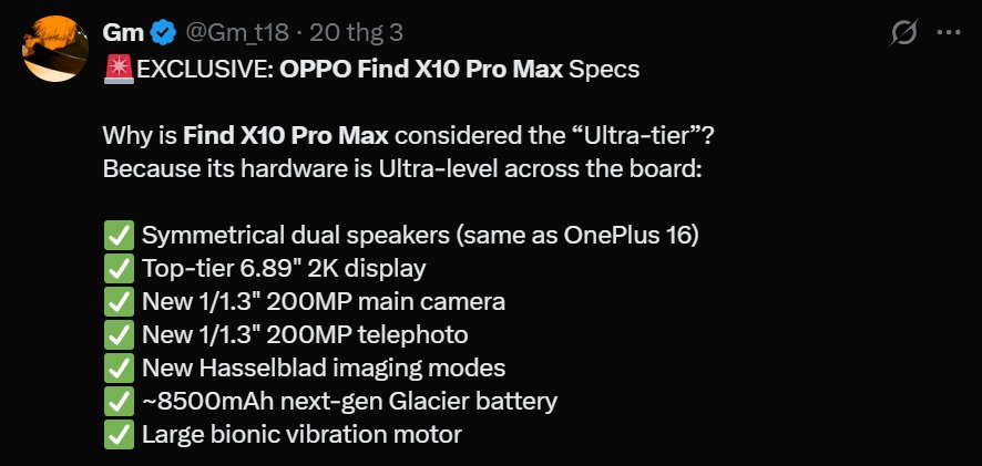 Nghe đồn là OPPO Find X10 Pro Max sẽ dùng chip Dimensity 9600 Pro, cảm biến Samsung