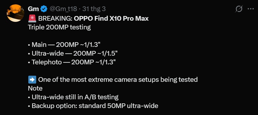 Nghe đồn là OPPO Find X10 Pro Max sẽ dùng chip Dimensity 9600 Pro, cảm biến Samsung