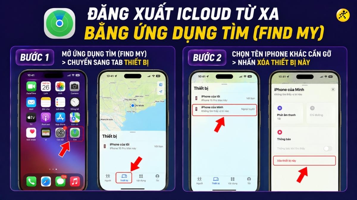Đăng xuất iCloud từ xa bằng ứng dụng Tìm (Find My) Đăng xuất iCloud từ xa bằng ứng dụng Tìm (Find My)