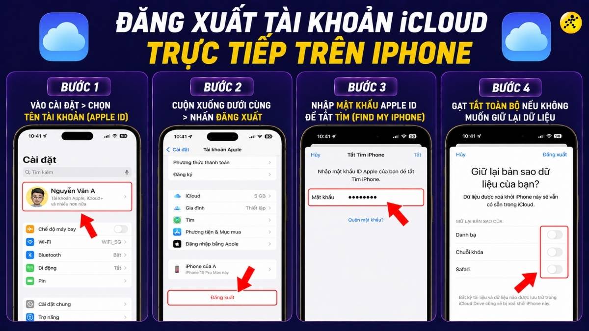 Đăng xuất tài khoản iCloud trực tiếp trên ngay chiếc iPhone đó Đăng xuất tài khoản iCloud trực tiếp trên ngay chiếc iPhone đó