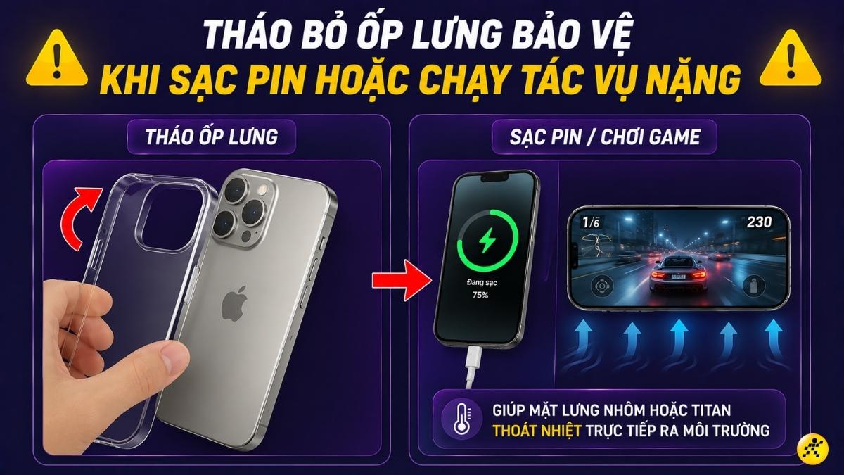 Tháo bỏ ốp lưng khi sạc pin hoặc chạy tác vụ nặng Tháo bỏ ốp lưng khi sạc pin hoặc chạy tác vụ nặng