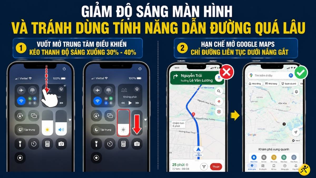 Giảm độ sáng màn hình và tránh dùng Google Maps quá lâu Giảm độ sáng màn hình và tránh dùng Google Maps quá lâu