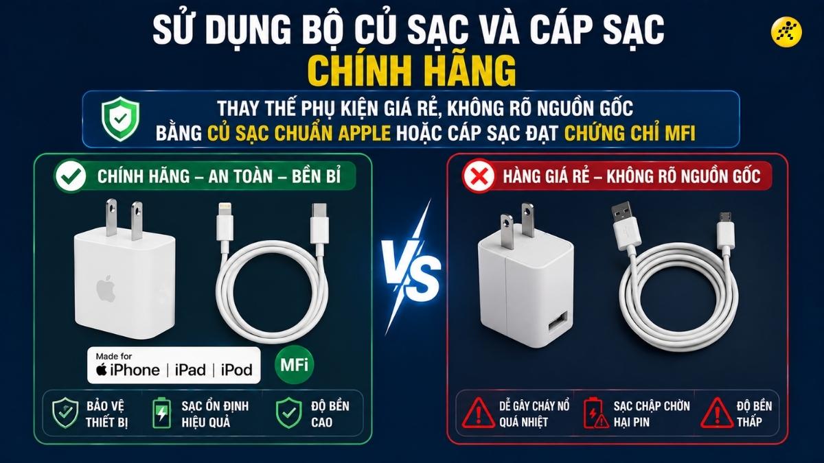 Sử dụng bộ củ sạc và cáp sạc chính hãng Sử dụng bộ củ sạc và cáp sạc chính hãng
