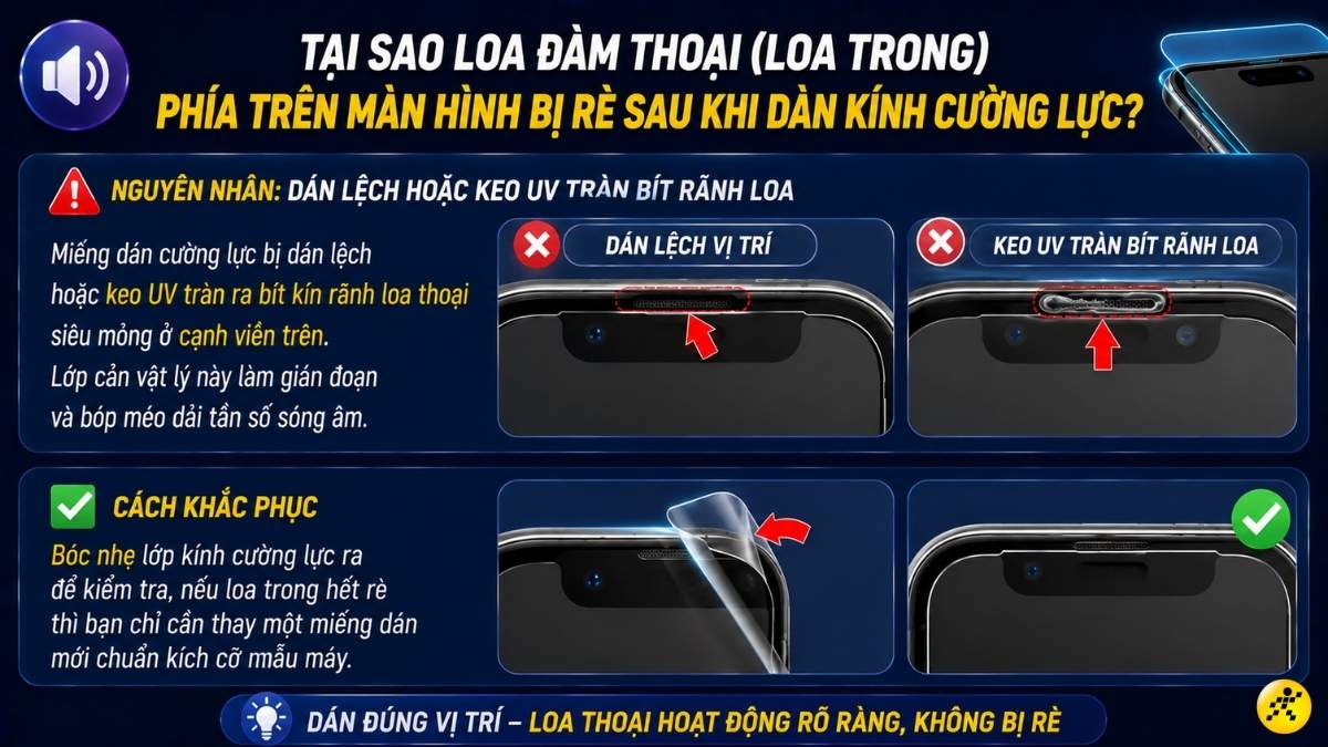 Loa đàm thoại (loa trong) phía trên màn hình bị rè sau khi dán kính cường lực Loa đàm thoại (loa trong) phía trên màn hình bị rè sau khi dán kính cường lực