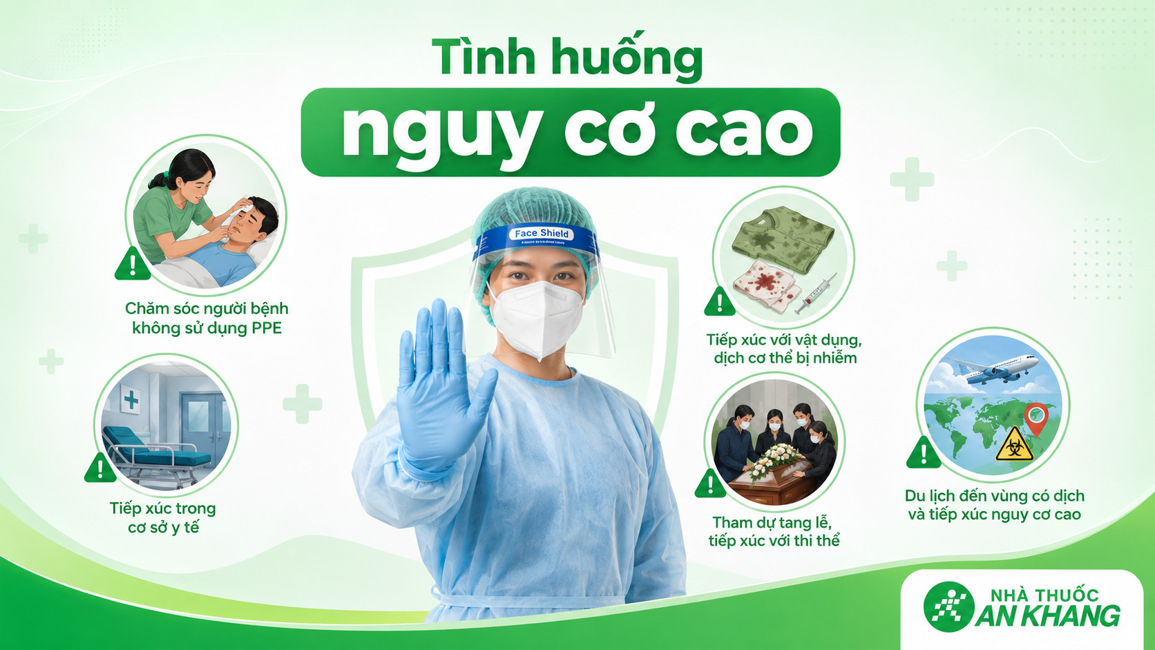 Chăm s&oacute;c người bệnh, tiếp x&uacute;c thi thể, l&agrave;m việc trong cơ sở y tế hoặc đến v&ugrave;ng dịch c&oacute; phơi nhiễm dịch cơ thể l&agrave; c&aacute;c t&igrave;nh huống nguy cơ cao.