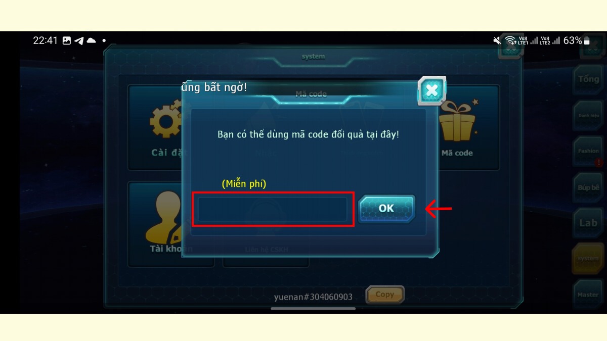 Nhập code và nhấn OK để bỏ túi phần thưởng Nhập code và nhấn OK để bỏ túi phần thưởng