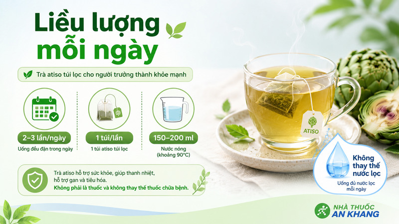 Người trưởng thành khỏe mạnh có thể uống trà atiso túi lọc với lượng vừa phải, thường khoảng 2 - 3 lần mỗi ngày Người trưởng thành khỏe mạnh có thể uống trà atiso túi lọc với lượng vừa phải, thường khoảng 2 - 3 lần mỗi ngày