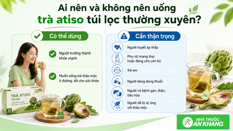 Trà atiso túi lọc phù hợp với người trưởng thành khỏe mạnh, nhưng người huyết áp thấp, phụ nữ mang thai, trẻ em hoặc người dùng thuốc cần thận trọng. Trà atiso túi lọc phù hợp với người trưởng thành khỏe mạnh, nhưng người huyết áp thấp, phụ nữ mang thai, trẻ em hoặc người dùng thuốc cần thận trọng.