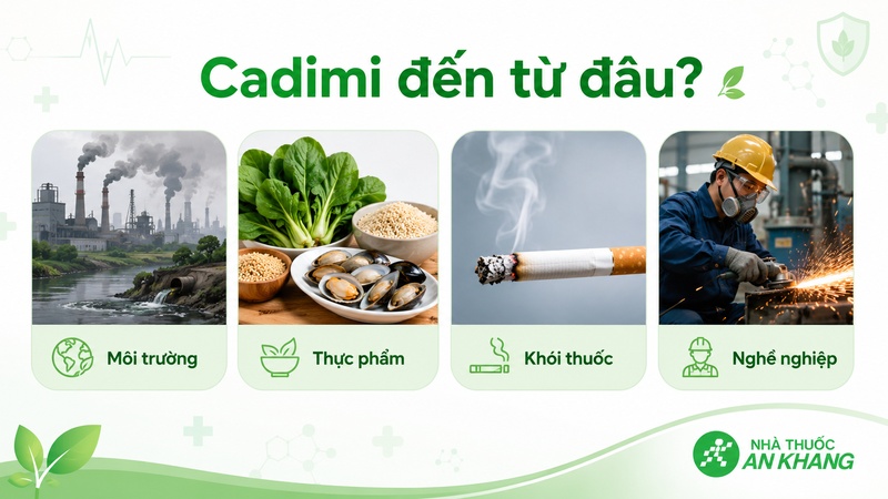 Cadimi có thể đến từ môi trường ô nhiễm, thực phẩm, khói thuốc lá và một số hoạt động công nghiệp. Cadimi có thể đến từ môi trường ô nhiễm, thực phẩm, khói thuốc lá và một số hoạt động công nghiệp.