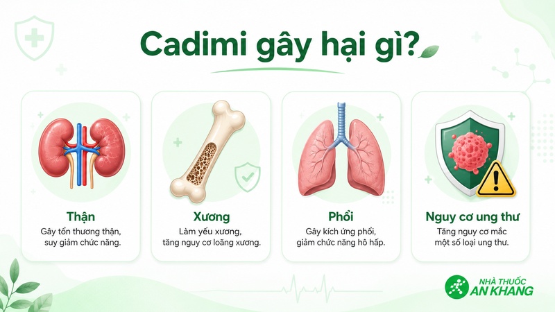 Phơi nhiễm cadimi kéo dài có thể ảnh hưởng đến thận, xương, phổi và làm tăng nguy cơ ung thư trong một số trường hợp. Phơi nhiễm cadimi kéo dài có thể ảnh hưởng đến thận, xương, phổi và làm tăng nguy cơ ung thư trong một số trường hợp.