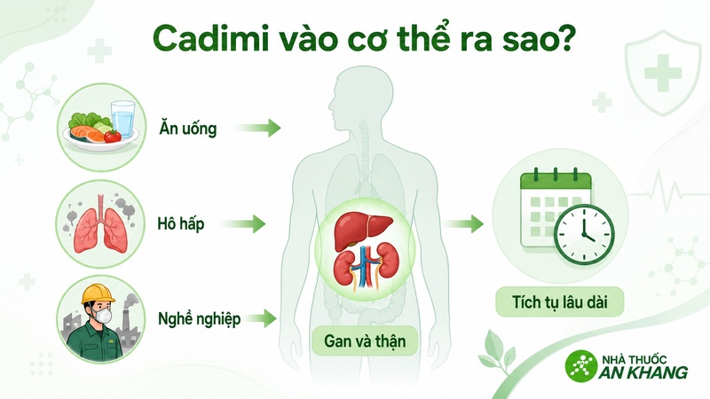 Cadimi có thể đi vào cơ thể qua ăn uống, hô hấp và môi trường nghề nghiệp, sau đó tích tụ lâu dài ở gan và thận. Cadimi có thể đi vào cơ thể qua ăn uống, hô hấp và môi trường nghề nghiệp, sau đó tích tụ lâu dài ở gan và thận.