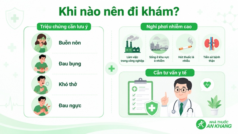 Nên đi khám nếu nghi phơi nhiễm cadimi hoặc có triệu chứng sau tiếp xúc hóa chất. Nên đi khám nếu nghi phơi nhiễm cadimi hoặc có triệu chứng sau tiếp xúc hóa chất.