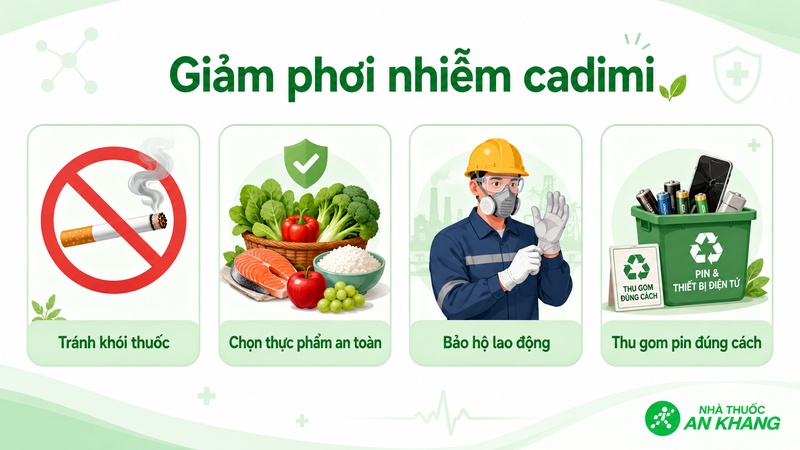 Không hút thuốc, chọn thực phẩm rõ nguồn gốc và xử lý pin đúng cách để giảm cadimi. Không hút thuốc, chọn thực phẩm rõ nguồn gốc và xử lý pin đúng cách để giảm cadimi.