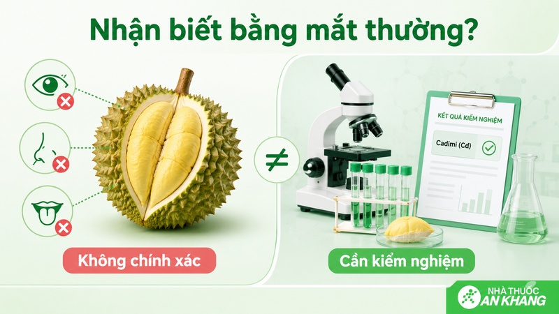 Không thể nhận biết sầu riêng nhiễm cadimi bằng màu sắc, mùi vị hay độ ngon; cần kiểm nghiệm để đánh giá chính xác. Không thể nhận biết sầu riêng nhiễm cadimi bằng màu sắc, mùi vị hay độ ngon; cần kiểm nghiệm để đánh giá chính xác.
