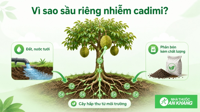 Sầu riêng có thể nhiễm cadimi từ đất, nước tưới, phân bón hoặc vật tư nông nghiệp kém chất lượng trong quá trình canh tác. Sầu riêng có thể nhiễm cadimi từ đất, nước tưới, phân bón hoặc vật tư nông nghiệp kém chất lượng trong quá trình canh tác.